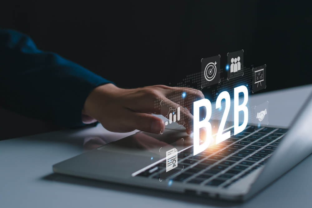 B2B SEO_B2B Market concept. Businessman show B2B, Business to business ecommerce, digital marketing, online shopping, development technology, supply chain. B2B company commerce technology digital Marketing