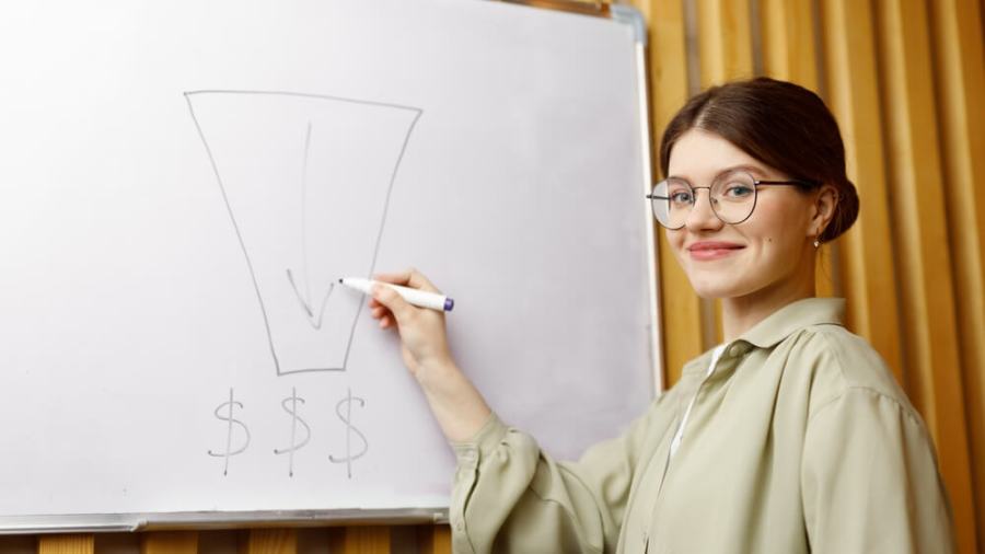 sales pipeline_A woman at a presentation shows a sales funnel on a flipchart.