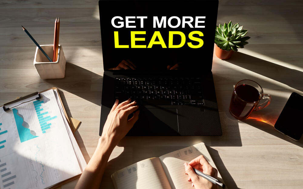 lead generation_Get more leads banner. Digital marketing and sales increase concept on device screen.