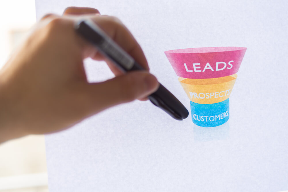 sales pipeline_Male hand pointing at a sales funnel chart printed on a white sheet of paper during a business meeting