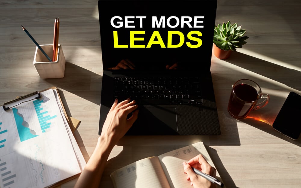 lead generation_Get more leads banner. Digital marketing and sales increase concept on device screen.