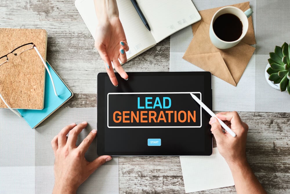 Lead generation start button on screen. Digital marketing and business strategy concept.