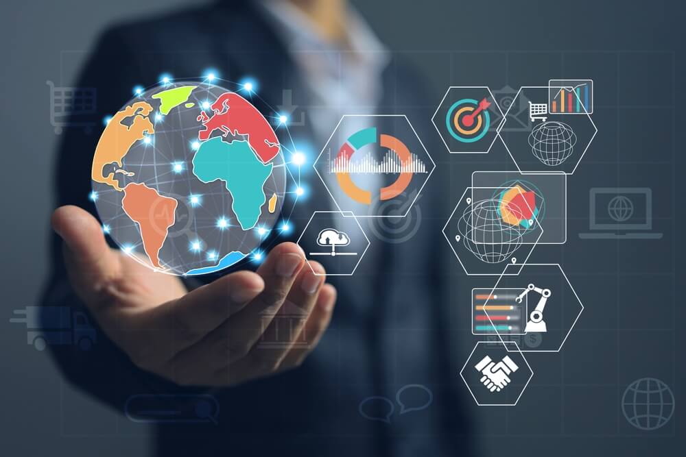 segment market_Businessman analyzing a data by continents according to investment expenditures such as machinery, partner cooperation, market share, customer segment, business data digital analytic concept.