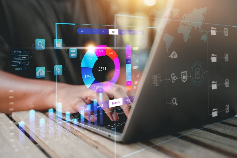 AI analytics_Analyst working with Business Analytics and Data Management System on computer, Make a report with KPI and metrics connected to database. Corporate strategy for finance, operations, sales, marketing.