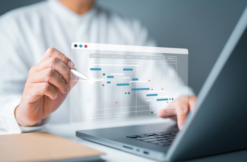 pipeline of task_Manager working with Gantt chart schedule for plan tasks and progress. Corporate strategy for construction, operations, sales, to-do list, and marketing. Project management planning software concept.