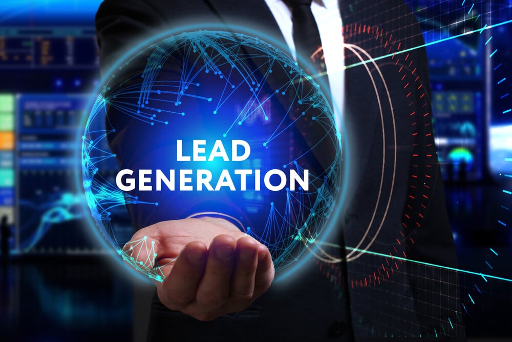 lead generation_Business, Technology, Internet and network concept. Young businessman working in the field of the future, he sees the inscription: lead generation