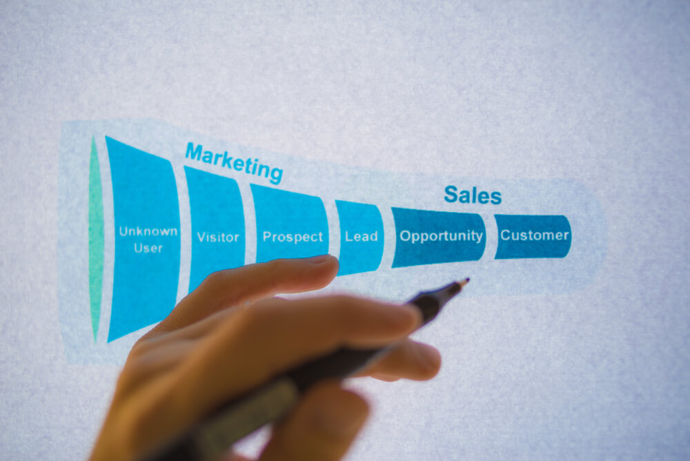 sales pipeline_Male hand pointing at a sales funnel chart printed on a white sheet of paper during a business meeting