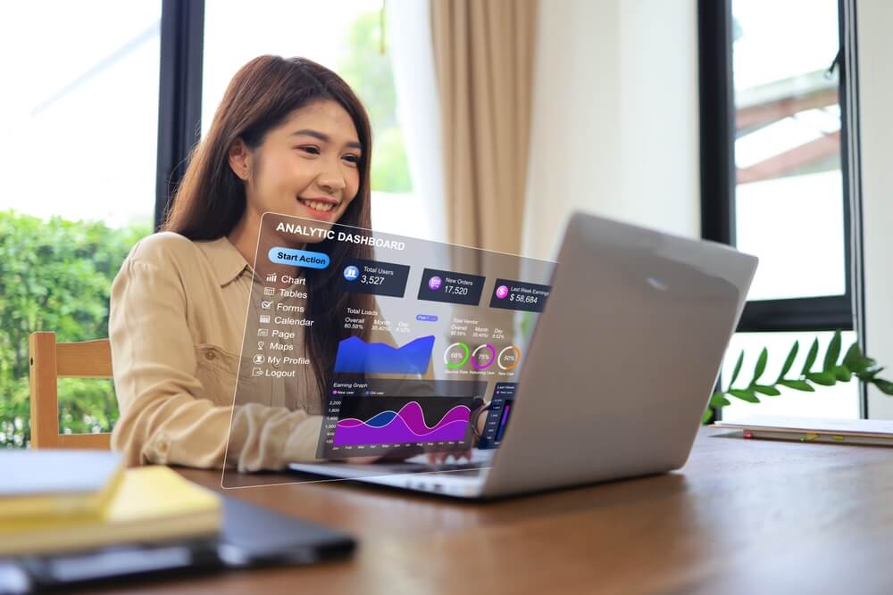 analytics email_Asian women is using laptops to analysis the business with virtual analytic dashboard collect data and analytics for accurate precision customer in digital marketing. Online marketing global business
