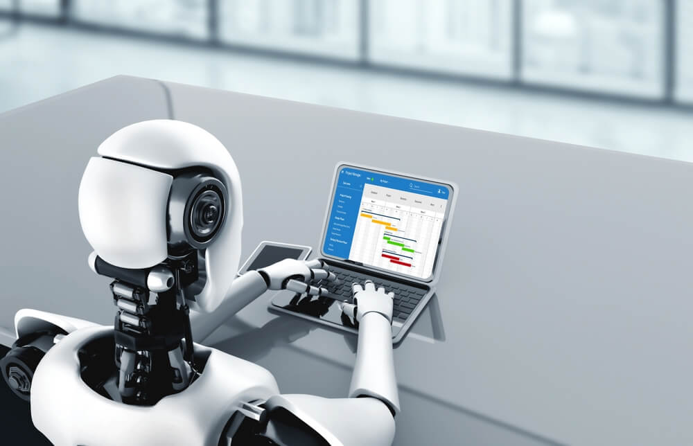 project management AI_Cyborg robot using modish computer software application.