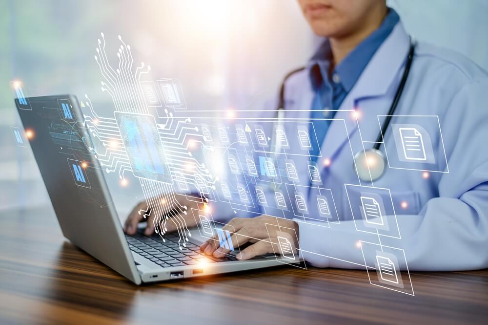 hospital AI PPC_Doctor AI, artificial intelligence in modern medical technology and IOT automation. Doctor using AI document management concept.