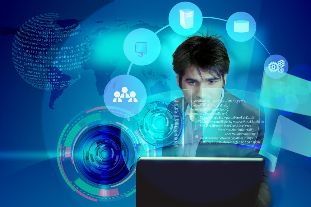 SaaS enterprise_illustration of software engineer analyzing the code with enterprise system integration concept, this also used for business man reviewing annual results, architect presenting software designs