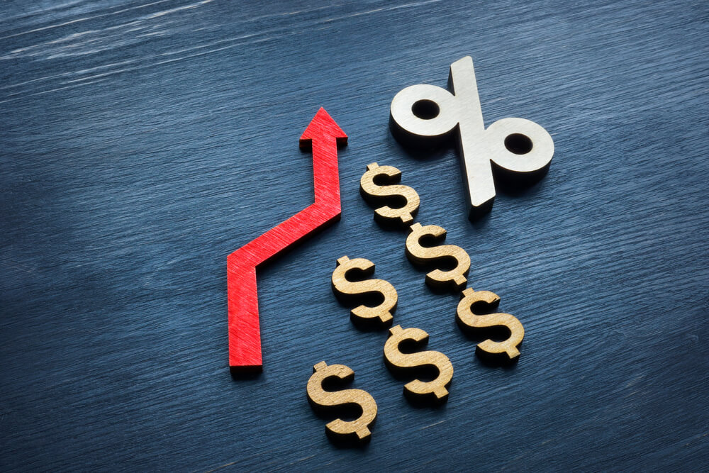 ROI and ROAS_ROI return on investment or assets ROA concept. Arrow and signs of percent and dollar.