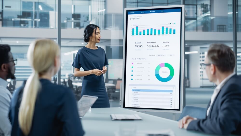 data analytics_Female Operations Manager Holds Meeting Presentation for a Team of Economists. Asian Woman Uses Digital Whiteboard with Growth Analysis, Charts, Statistics and Data. People Work in Business Office.