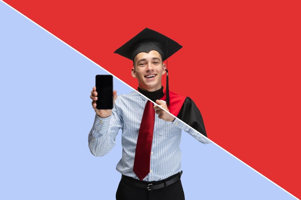 education mobile app_Half-face collage. Portraits of businessman and young boy, graduate student isolated over red and purple background. Concept of lifestyle, occupation,. profession, choice, art and ad