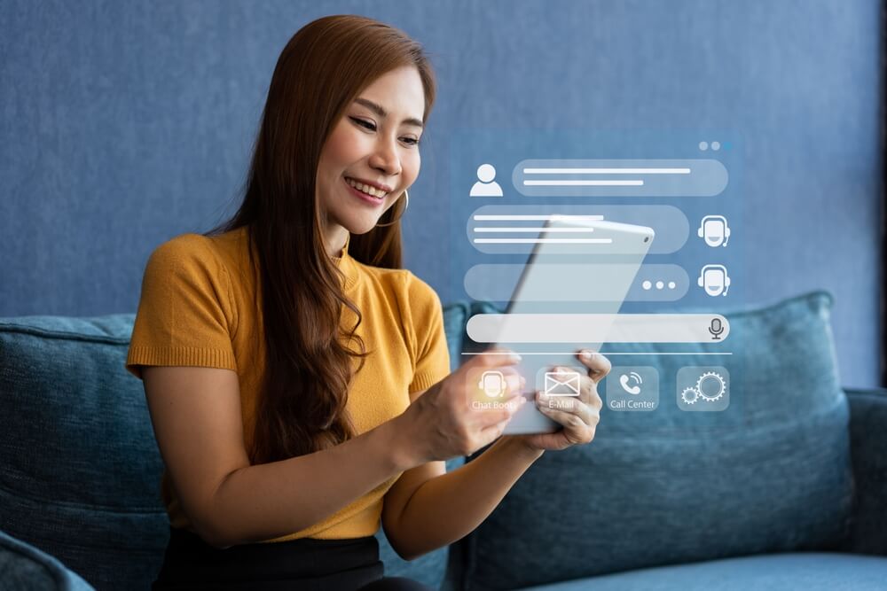 chatbot_Person use customer service and support live chat with chatbot and automatic messages, Artificial intelligence, and CRM software technology. AI Chatbot smart digital customer service application.