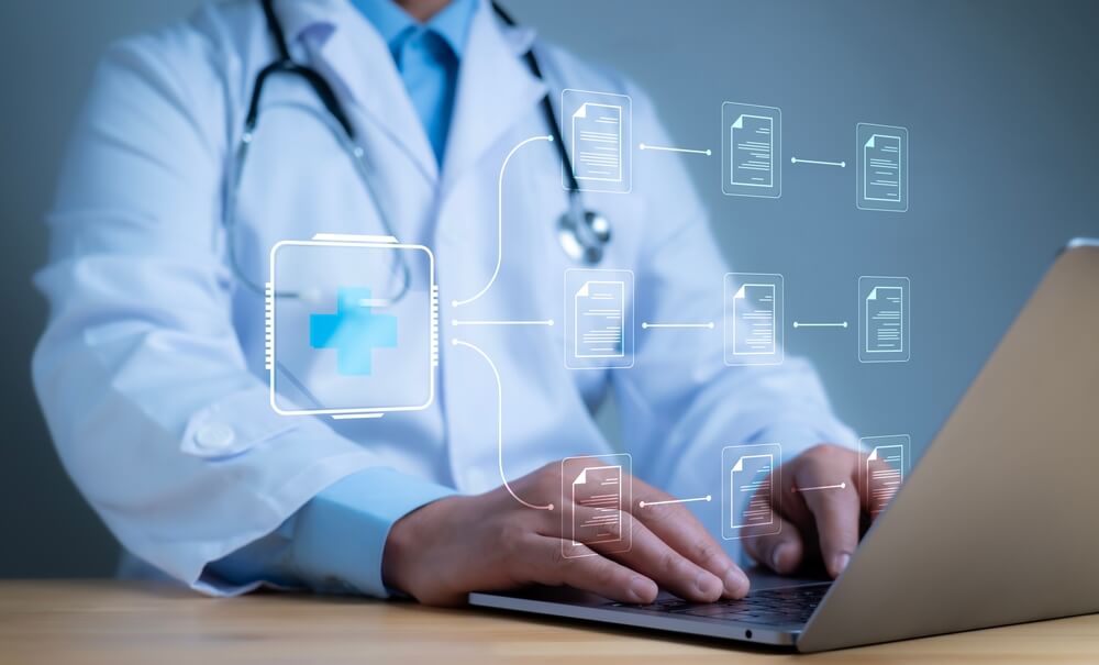 medical links_A medical worker works with an electronic database and documents.Technology and access information, database, storage, Digital link tech, big data