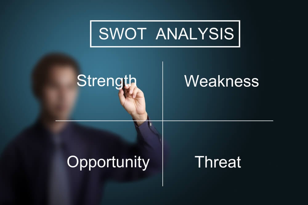 SWOT analysis_business man drawing swot analysis strategy diagram