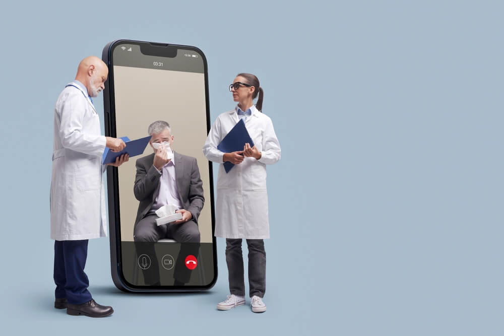 healthcare mobile_Doctor taking care of a patient with cold and flu on video call, telemedicine concept