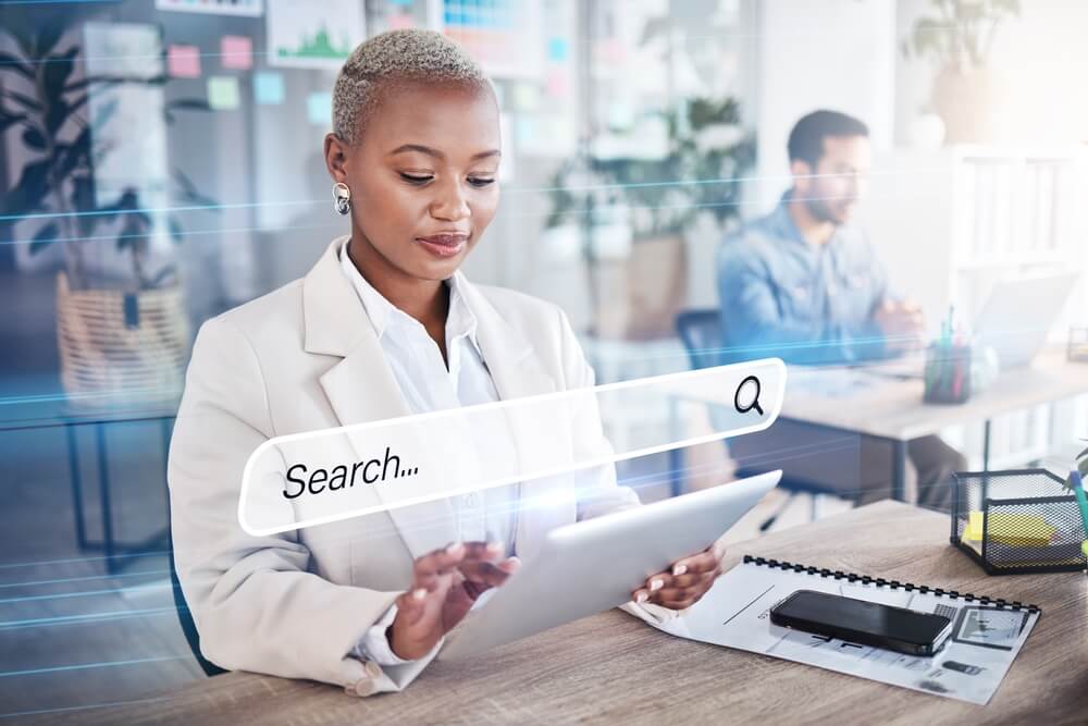 seo crawl_Woman, business and tablet search engine for information hologram, SEO graphic and iot research. Creative, worker and African employee on digital web technology, internet and office browsing overlay