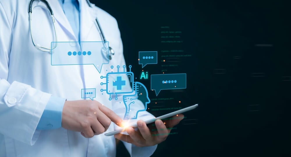 healthcare chatbot_Medical worker touch virtual medical revolution and advance of technology Artificial Intelligence,AI Deep Learning for medical research,Transformation