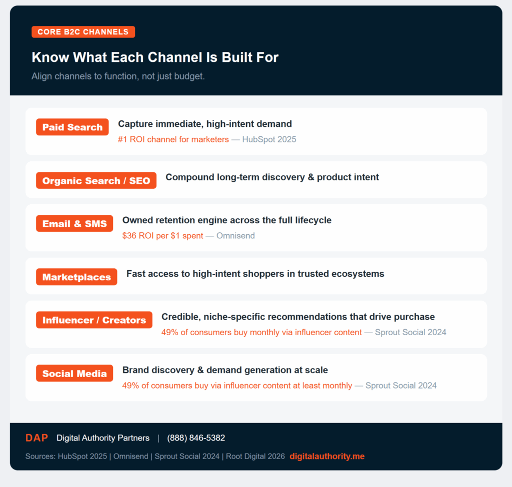 Business to Consumer (B2C) Marketing: Ultimate Guide 8 B2C marketing channel guide showing the primary function of paid search, organic SEO, email, SMS, marketplaces, influencer marketing, and social media