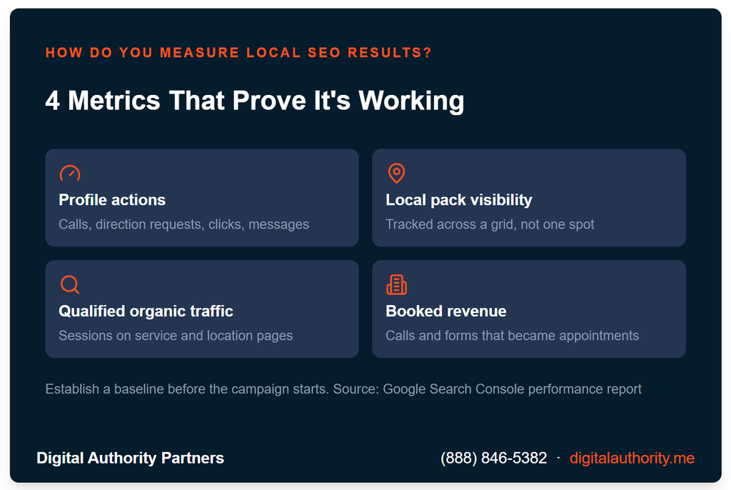 Checklist infographic of four key metrics for measuring local SEO performance