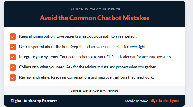 Checklist of healthcare chatbot best practices: keep a human option, stay transparent, integrate systems, minimize data, and refine