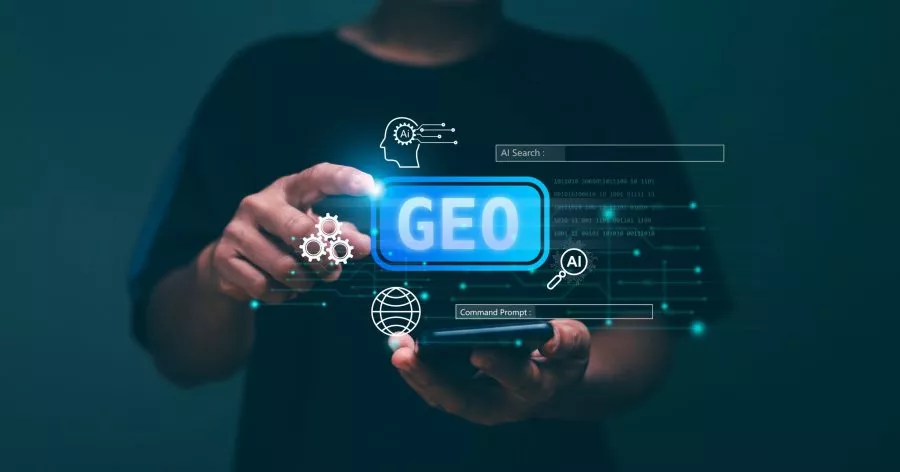 Man holds glowing Generative Engine Optimization (GEO) symbol
