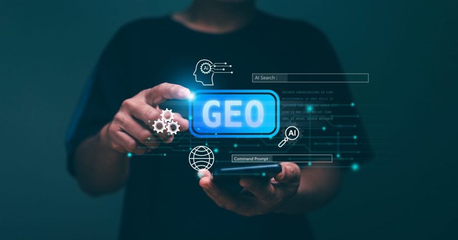 Man holds glowing Generative Engine Optimization (GEO) symbol