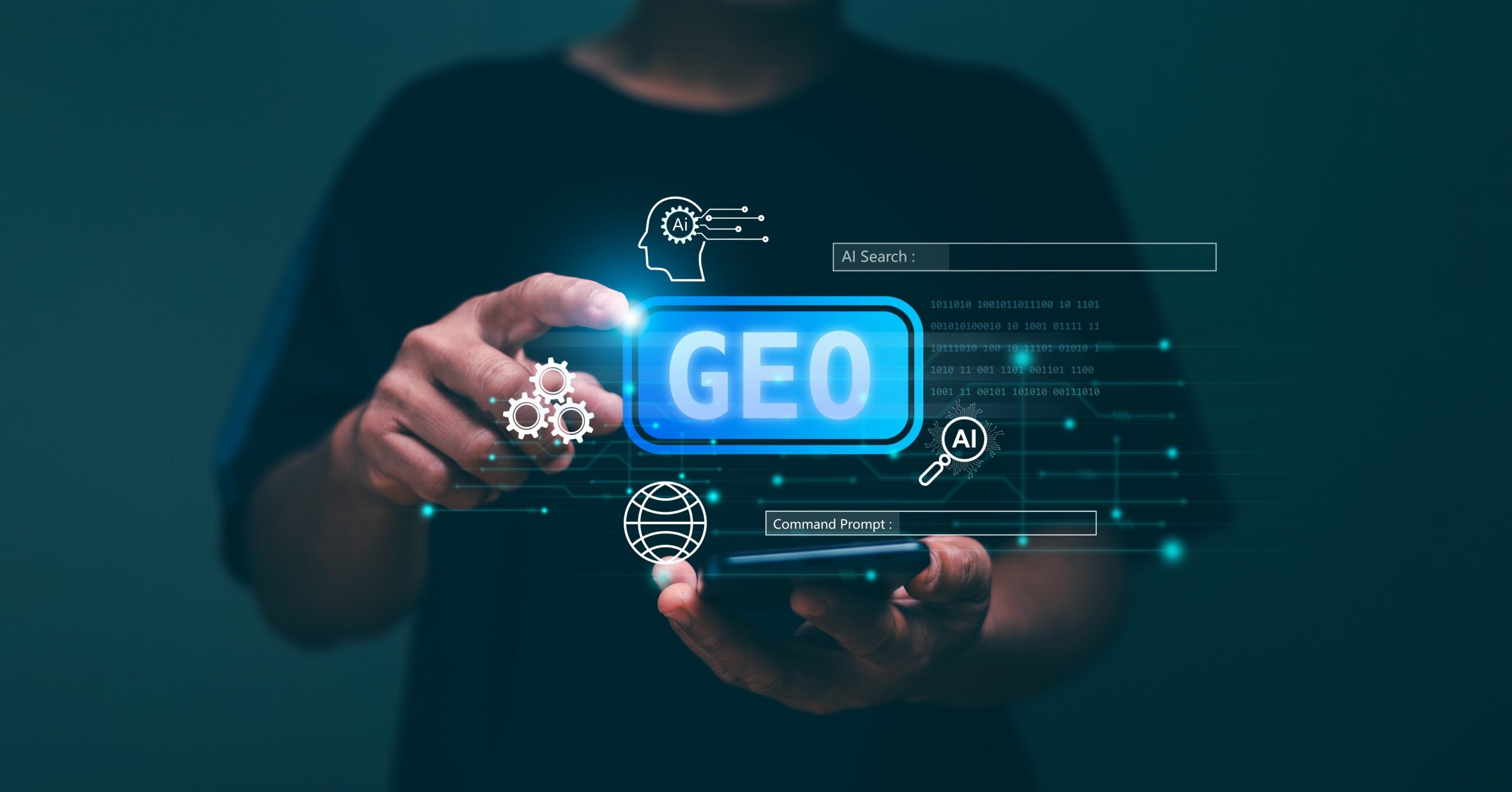 Man holds glowing Generative Engine Optimization (GEO) symbol