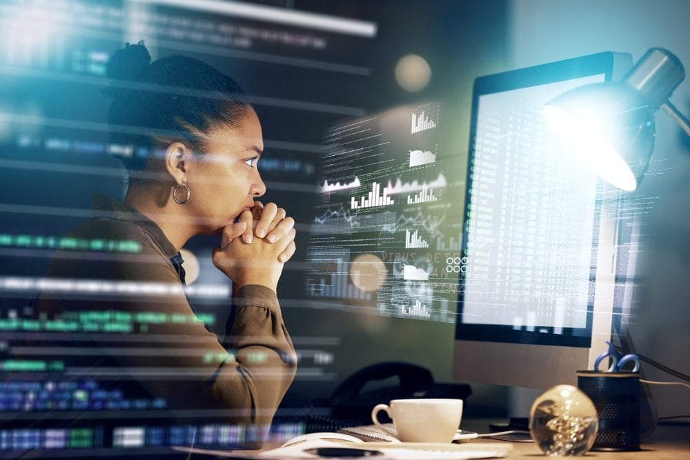Computer stress, woman with hologram data and reading future fintech insight, administration chart or accounting overlay. Mistake, night problem and African accountant thinking of financial crisis