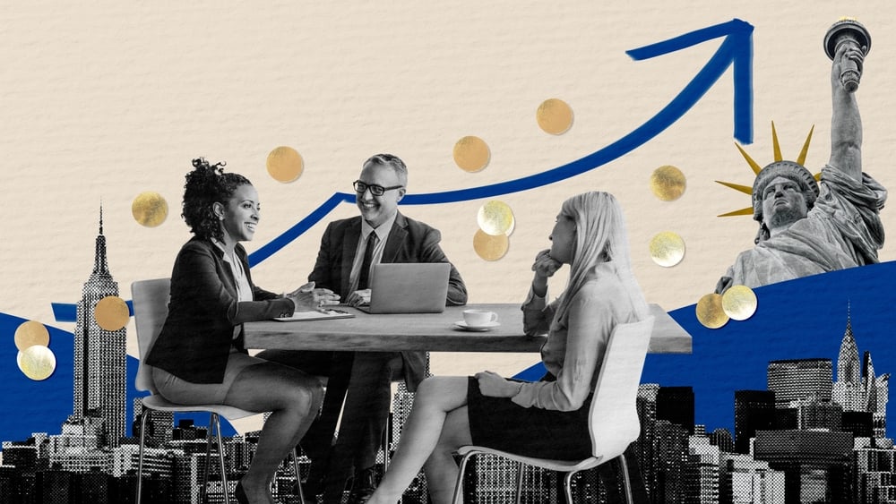 Collage of diverse business meeting with black woman and white man and woman. Discussing growth, teamwork, and success collage design. New York City skyline in the background of collage scene