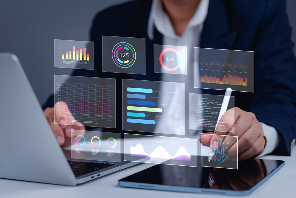 Artificial intelligence analytics, business data dashboard, technology-driven decision making, interactive charts, futuristic interface, predictive analysis, corporate intelligence