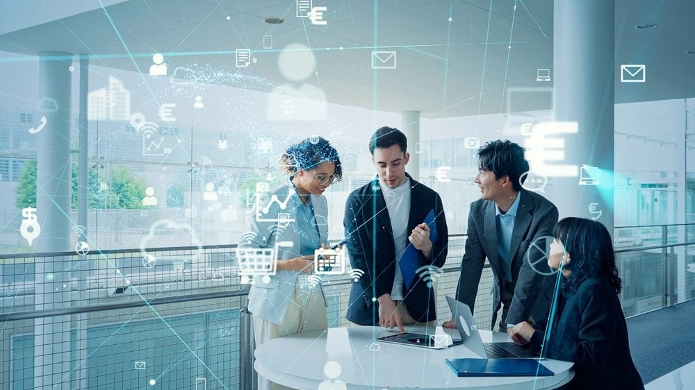 Group of multinational business people talking in office and communication network concept