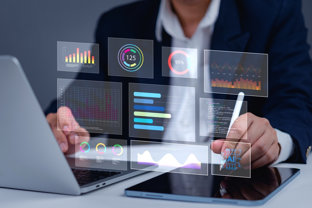 Artificial intelligence analytics, business data dashboard, technology-driven decision making, interactive charts, futuristic interface, predictive analysis, corporate intelligence