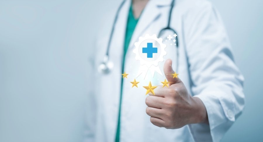 Concept of rating of medical services on the Internet concept.Button healthcare key rating on virtual panel.Customer experience medicine service. Patient and satisfaction. Healthcare review.