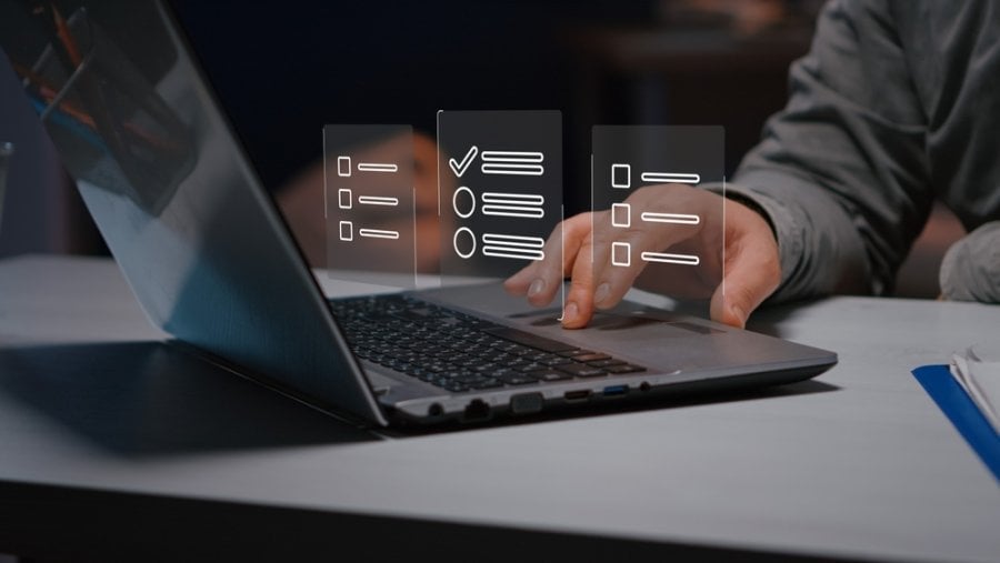 Questionnaire with checkboxes, filling survey form online, answer questions of test. Survey form concept. Education futuristic technology and learning concept