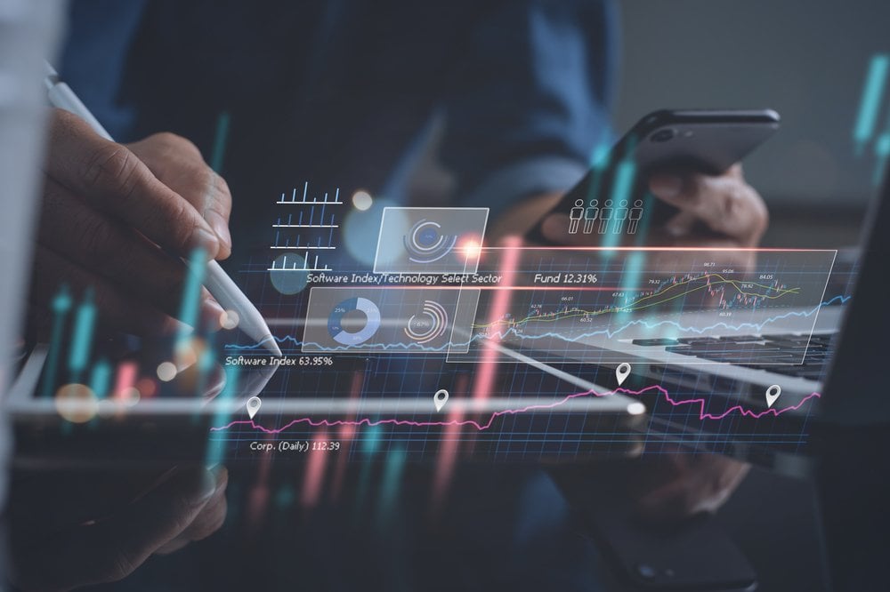 Business analysis, strategy and planning concept. Businessman, finance analyst working on digital tablet, business data and economic, economic growth, financial graph chart, stock market report