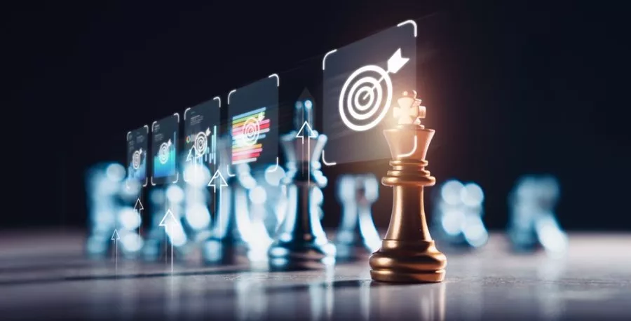 chess on a wooden floor with success icons symbolizes the strategic planning and execution required to achieve marketing goals, represents the careful consideration and strategic thinking