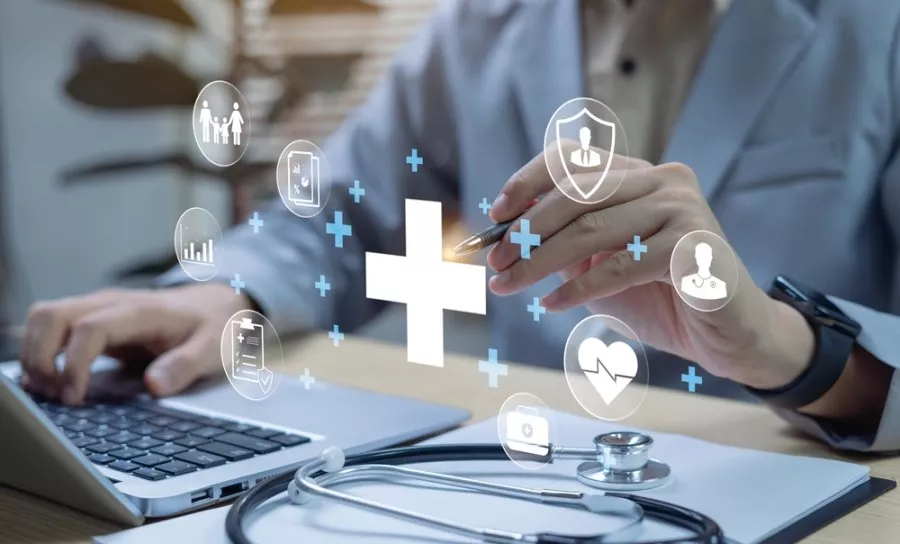 Health insurance and financial assurance concept with hospital investment as future asset advantage for medical security, growth, and strategic decision planning