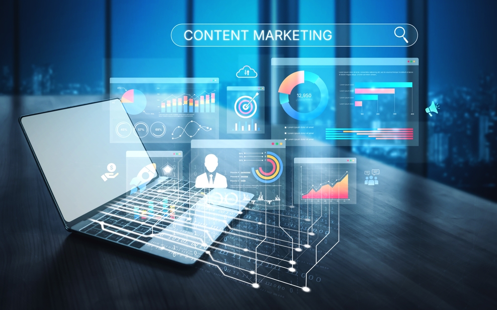 Content marketing interface with data dashboards, analytics charts, and content tools. Marketing success comes from content performance, content planning, and marketing optimization.