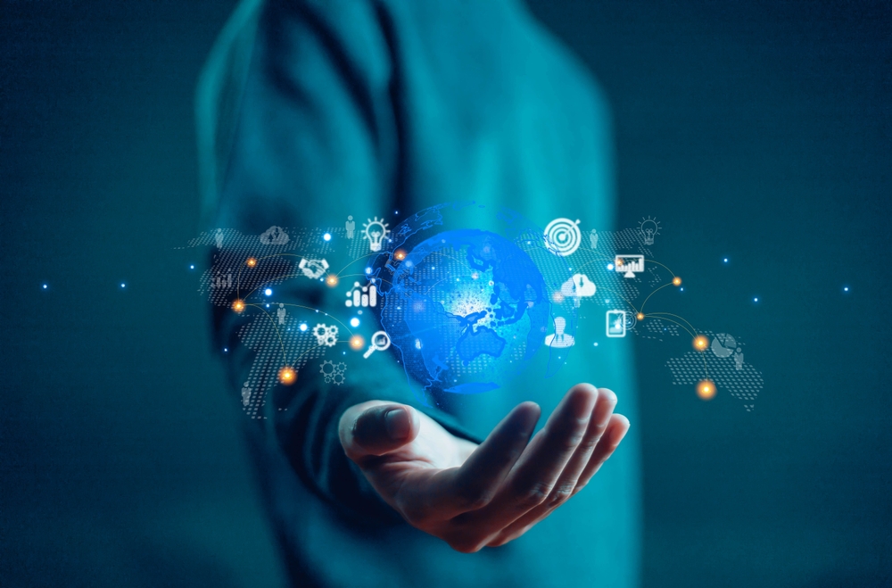 Hand holding globe with data connection network icon, Developing the changing intelligent data and global business development, Applying the digital technology of artificial intelligence.