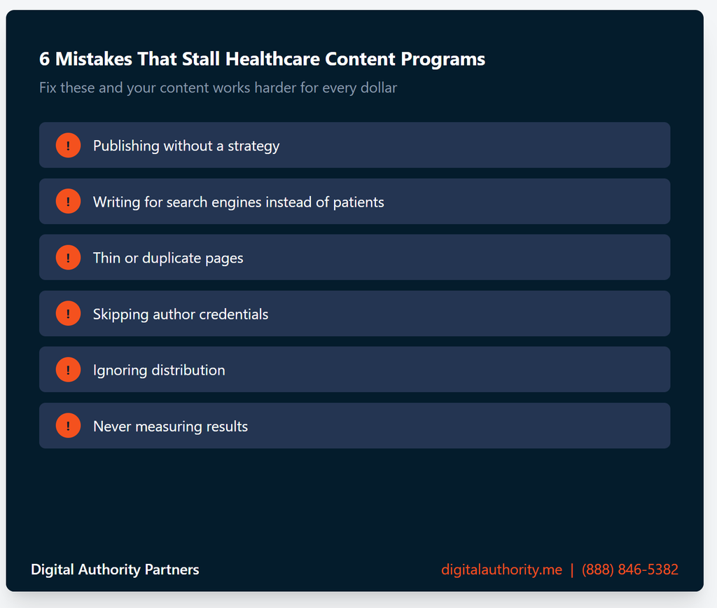 How Healthcare Content Marketing Works for You And Your Patients 8 Six common healthcare content marketing mistakes, including publishing without a strategy and skipping author credentials