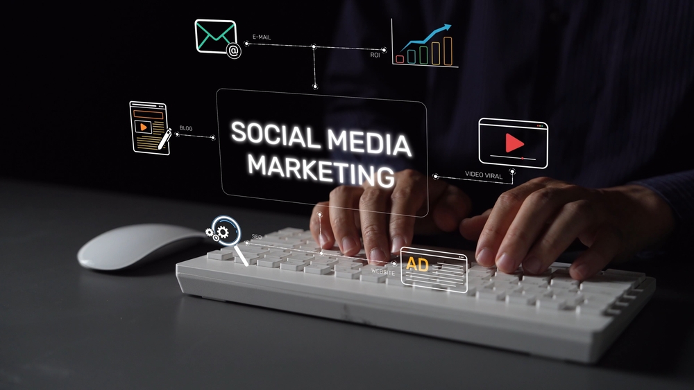 Social media marketing strategy with engagement metrics. Social marketing boosts media visibility. Social media marketing drives traffic. Social media marketing increases engagement