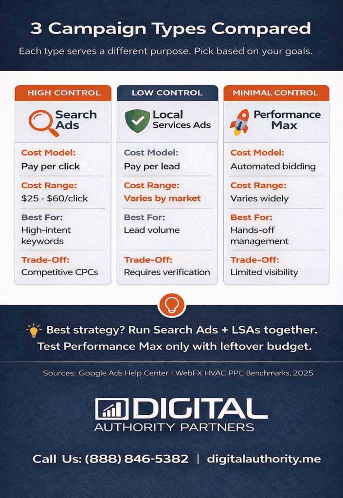 HVAC Google Ads That Actually Work + BluePrint 3 HVAC Google AdS: infographic. different campaign types compared