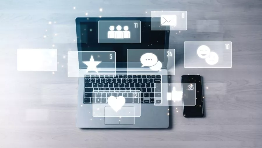 Social media engagement with interaction metrics showing comments, social media reactions, social media messages, and social media connections