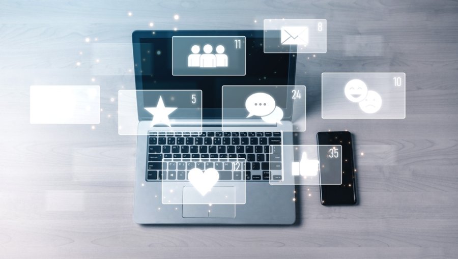 Social media engagement with interaction metrics showing comments, social media reactions, social media messages, and social media connections