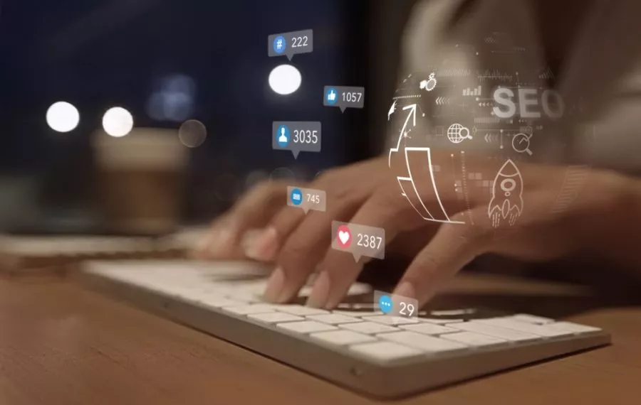 Businesswoman uses computer analyze SEO Search Engine optimization, advertising, communication, digital, business, marketing, technology, digital marketing, online, , goals,ads, website, social media