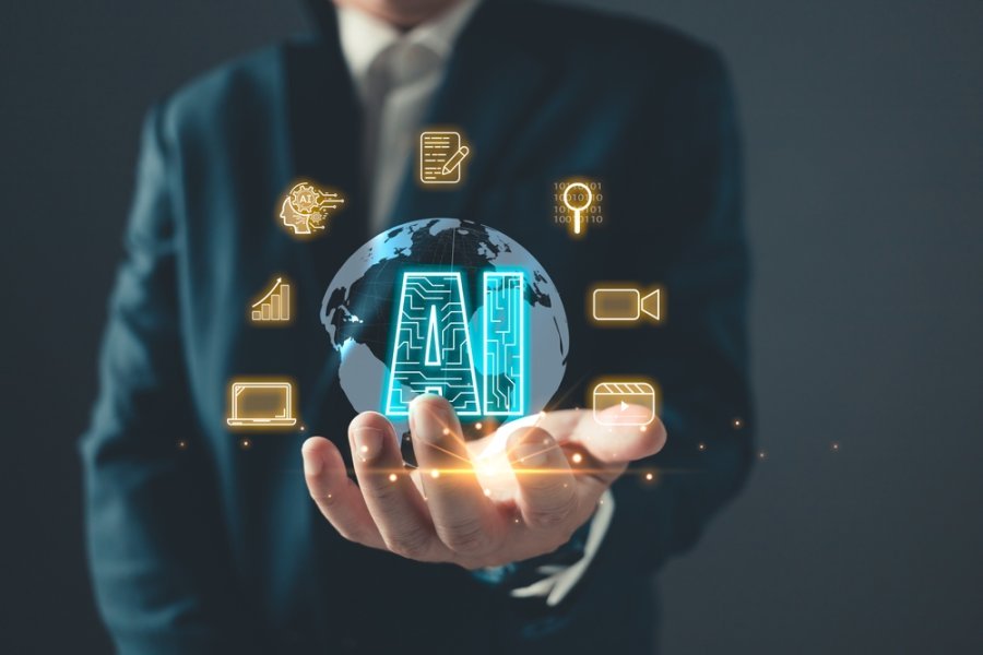 Ai generates creation content concepts. Man's hand hold AI icon technology, Marketers education, research, analyze media video streaming online marketing strategies to grow their digital business