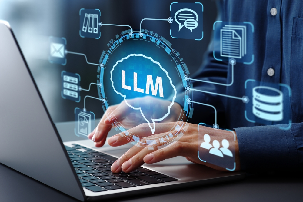 LLM large language model and custom AI solutions. Artificial intelligence driven automation technology. Businessman using laptop computer for training and instructing AI.